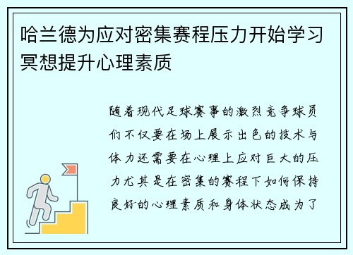 哈兰德为应对密集赛程压力开始学习冥想提升心理素质