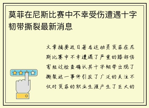 莫菲在尼斯比赛中不幸受伤遭遇十字韧带撕裂最新消息 莫菲在尼斯比赛中不幸受伤遭遇十字韧带撕裂最新消息
